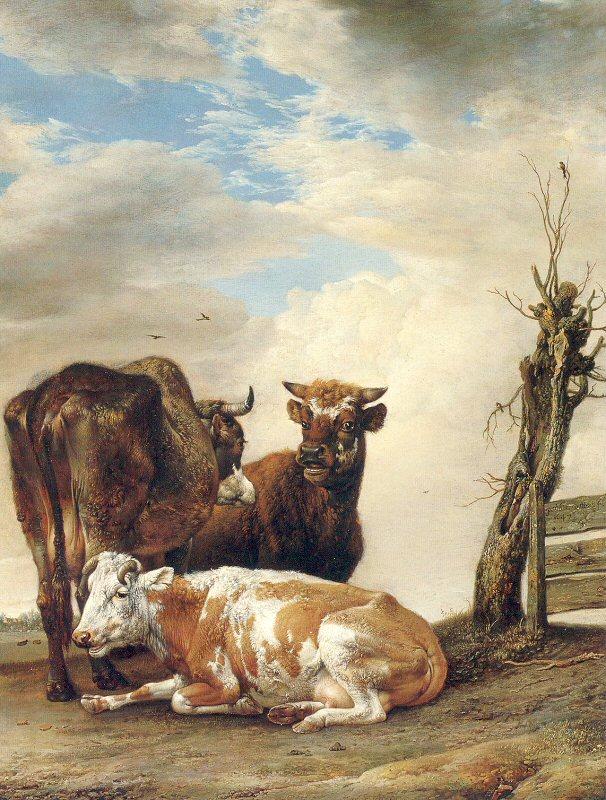 POTTER, Paulus Two Cows a Young Bull beside a Fence in a Meadow Sweden oil painting art
